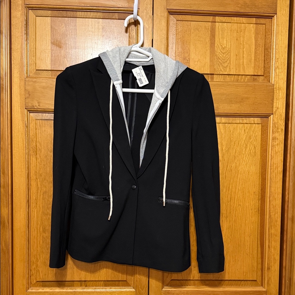 Central Park West Black Blazer with Gray Hooded Detail